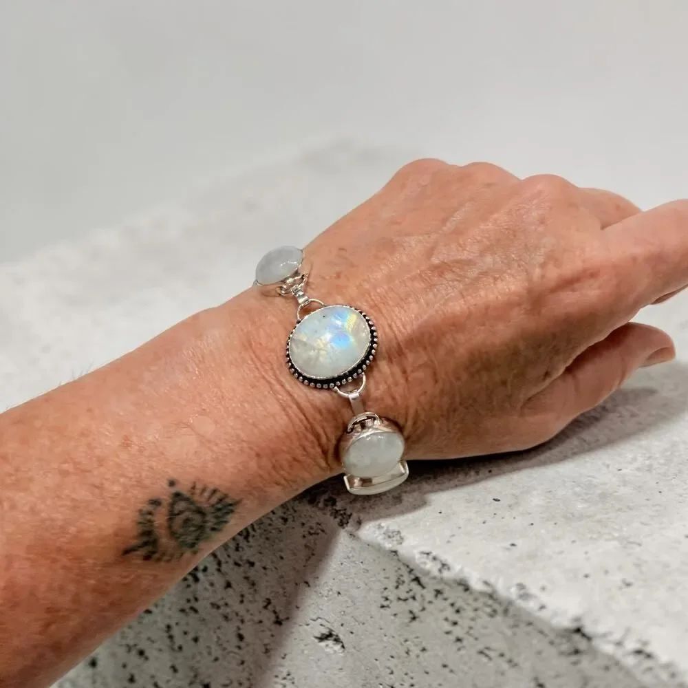 Rainbow Moonstone Sterling Silver Plated Toggle Bracelet